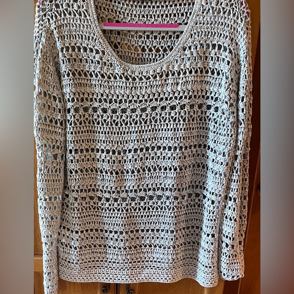 Theory Women's Cotton Open Crochet Pullover Sweater—pearl grey/opal blue - Picture 6 of 7